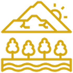 Outline of mountain, trees, and sun.