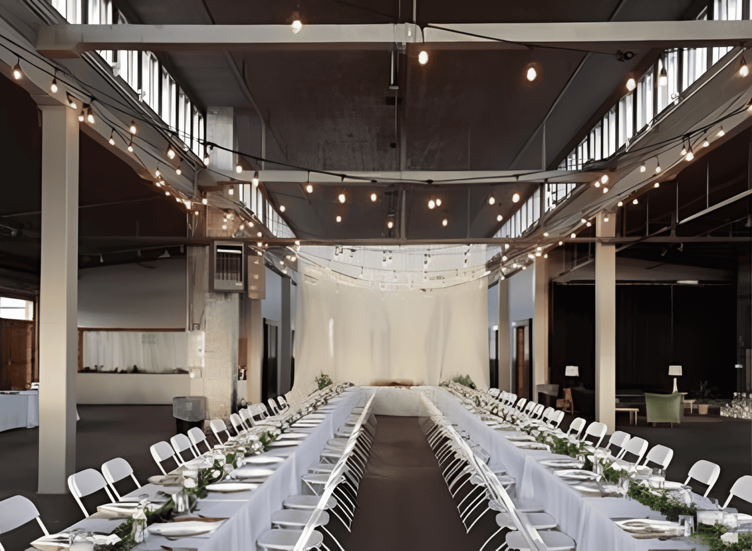Industrial wedding venue with string lights.