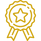 Gold star award ribbon on black background.